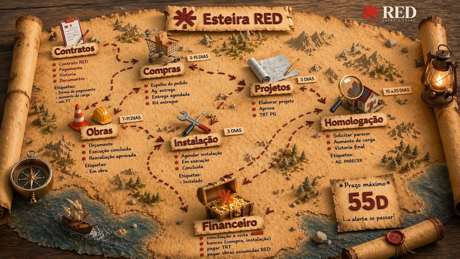 Mapa ilustrado da Esteira RED: contratos, compras, projetos, homologação, instalação, obras e financeiro