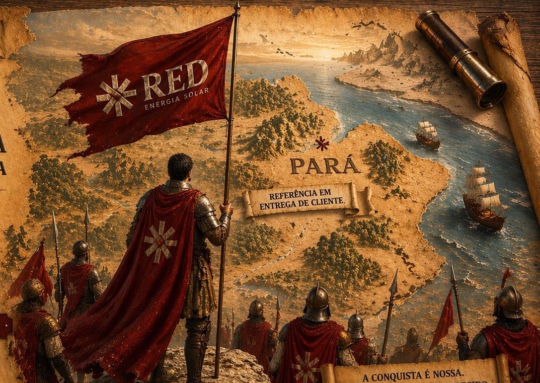 Ilustração: cavaleiro RED finca a bandeira vinho no mapa do Pará